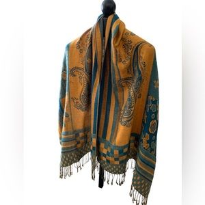 Pashmina Shawl Wrap Scarf Turquoise Gold Paisley Wool Large